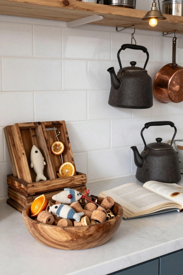 Kitchen countertop with wooden bowl filled with wine corks, dried orange slices, and small knitted fish toys, wooden rack holding hanging fish and oranges, hanging kettles and pots above white subway tile backsplash, and open book nearby.