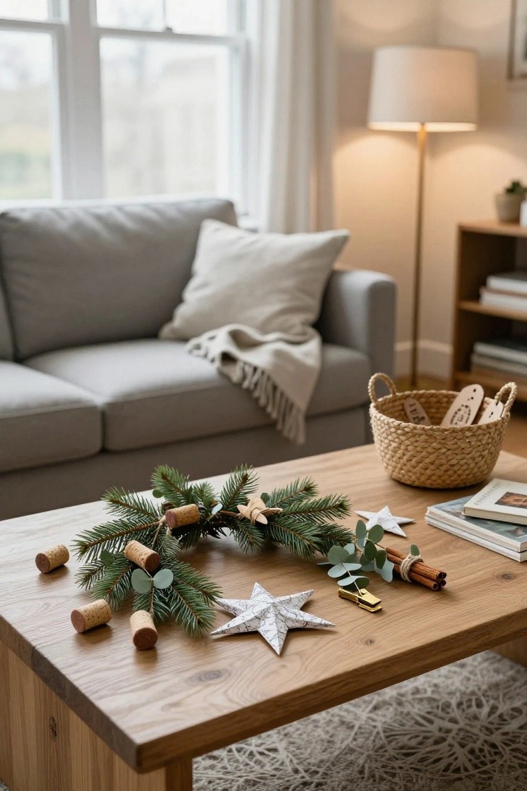 Wooden coffee table in a living room with gray sofa displays a Christmas wreath of fir branches, wine corks, eucalyptus, cinnamon sticks, and paper stars, next to a wicker basket and books.