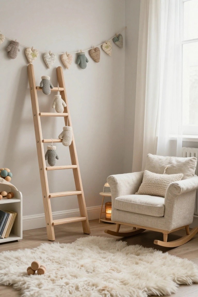 Cozy nursery room with tall wooden ladder hanging knitted mittens on rungs, fabric heart and mitten garland on wall, rocking chair, white shag rug, wooden toys, and bookshelves.