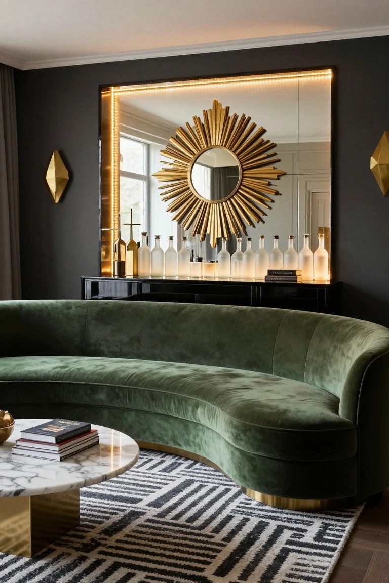 Living room with dark walls, large LED-framed mirror with gold sunburst design, black console table holding row of backlit frosted glass bottles, curved green velvet sofa, and white marble coffee table on black and white rug.