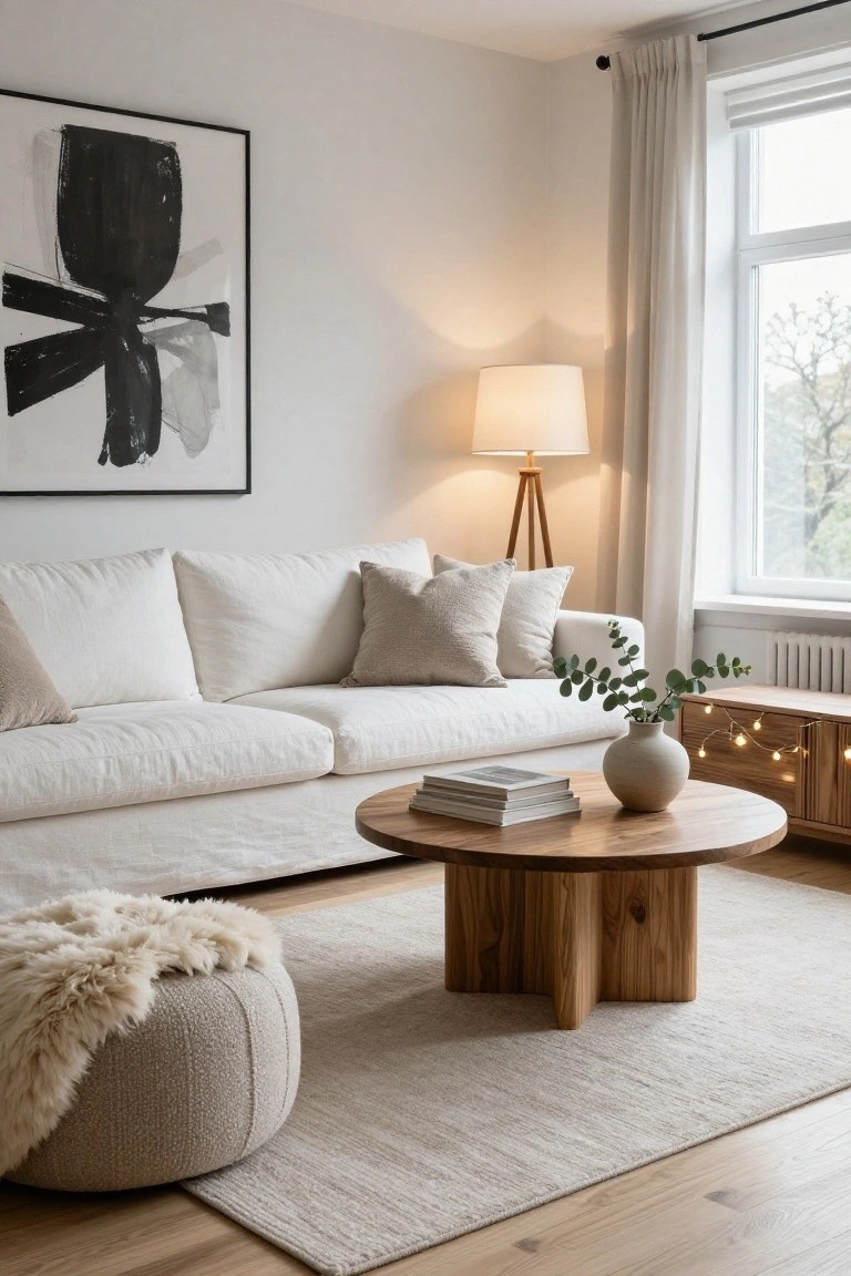 Modern living room with white sofa, round wooden coffee table, and abstract wall art.