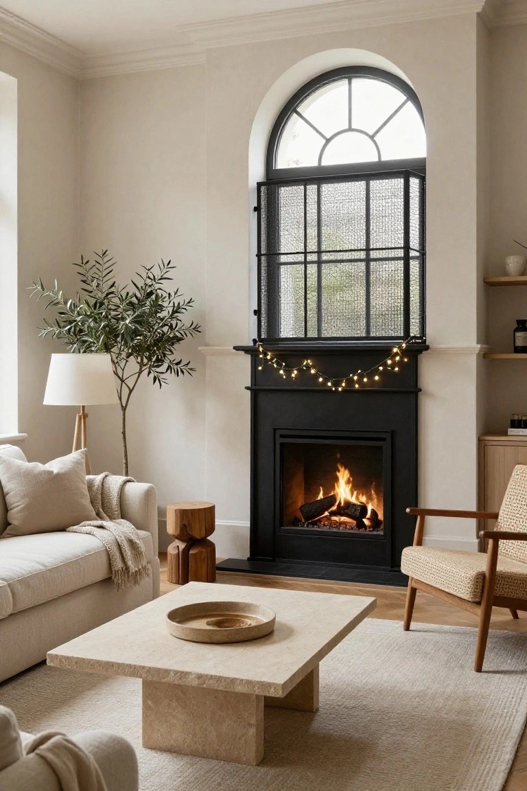 A neutral-toned living room with a black fireplace lit by flames and fairy lights strung along the mantel, a cream sofa with pillows and throw, travertine coffee table, wooden stools, potted olive tree next to a floor lamp, and a large arched black-framed window.