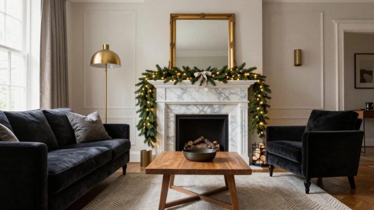 19 Elegant Living Room Christmas Light Ideas That Feel Instantly Festive A living room with a white marble fireplace mantel wrapped in green garland strung with warm white fairy lights and a large satin bow, black velvet sofas, wooden coffee table holding logs and cups, gold-framed mirror above, and floor lamp nearby.