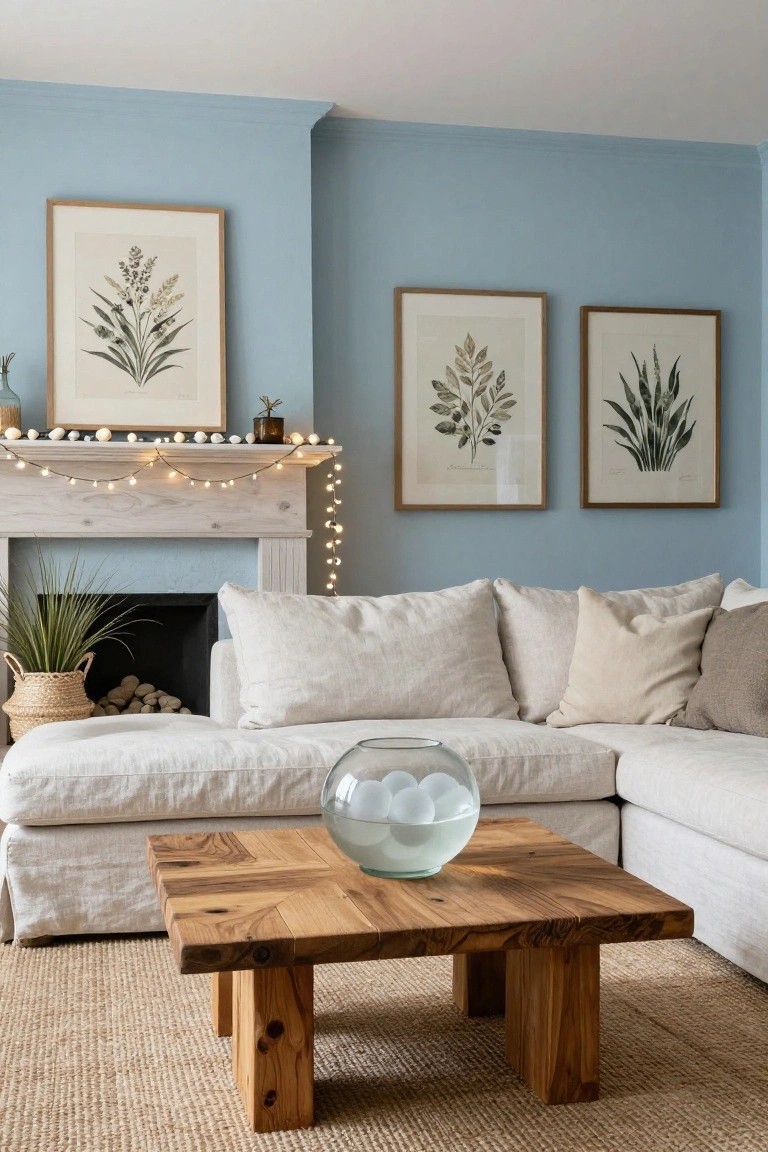 Living room with light blue walls, three botanical prints in wood frames above a white fireplace mantel strung with fairy lights and shells, linen sofa, wooden coffee table holding a glass bowl with white orbs, potted plants, and seagrass rug.