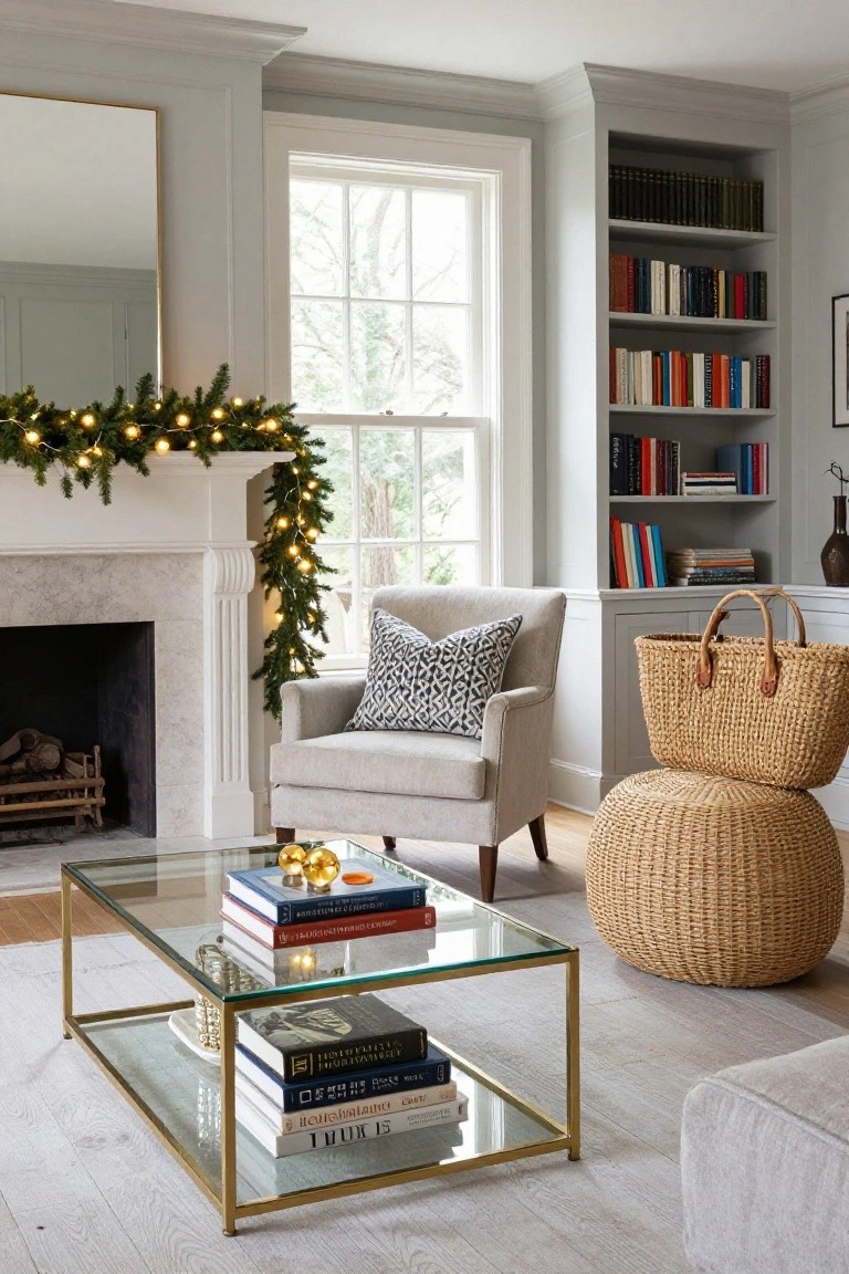 Living room with marble fireplace mantel decorated with evergreen garland strung with fairy lights, gray armchair nearby, glass coffee table with stacked books, and built-in bookshelves.