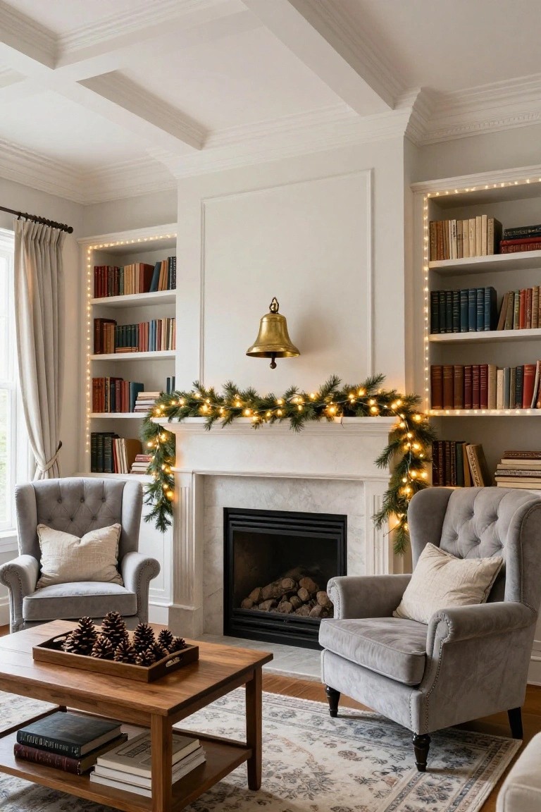 Elegant living room featuring a white marble fireplace with evergreen garland and string lights on the mantel, built-in bookshelves lined with books and more lights, two gray upholstered armchairs, a wooden coffee table with pinecones, and sheer window curtains.