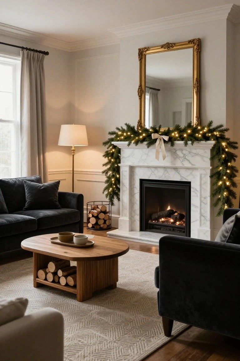 A living room with a white marble fireplace mantel wrapped in green garland strung with warm white fairy lights and a large satin bow, black velvet sofas, wooden coffee table holding logs and cups, gold-framed mirror above, and floor lamp nearby.
