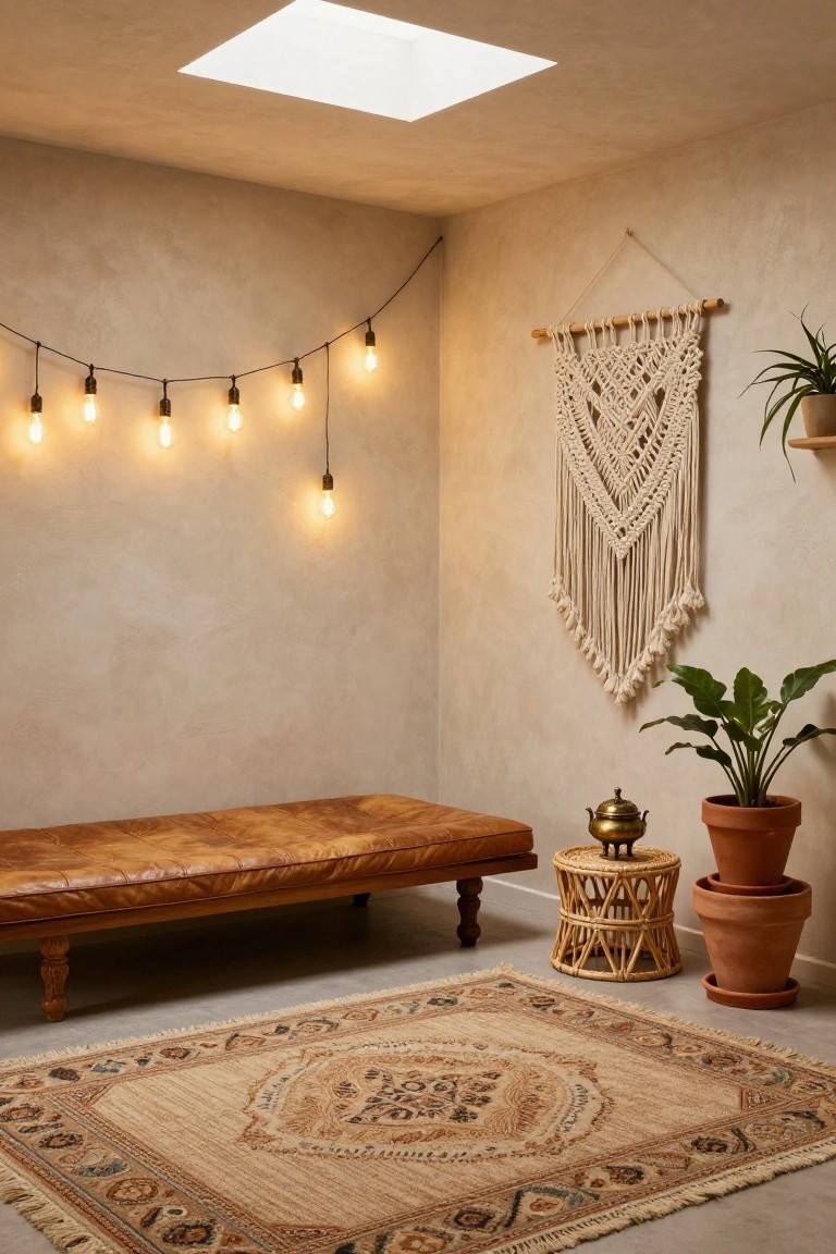 Beige textured corner room with skylight overhead, warm bulb string lights draped vertically on wall, macrame wall hanging, tan leather bench on legs, rattan stool with brass teapot and potted plants beside patterned rug.