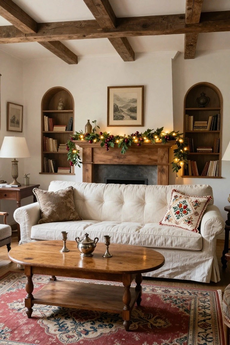 Cozy living room with white sofa, wooden coffee table, and festive garland.