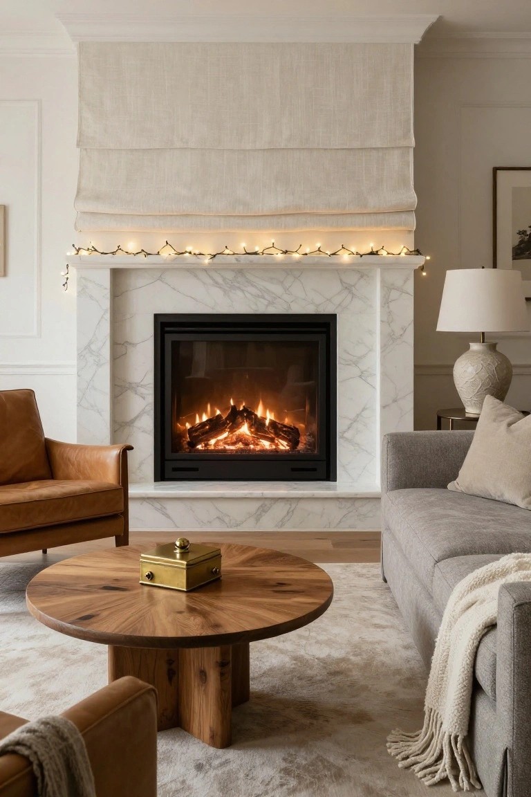 Living room with white marble fireplace and burning logs, string lights draped along the mantel with garland, brown leather chairs, gray sofa with throw, round wooden coffee table with gold box, beige rug, and linen roman shades.