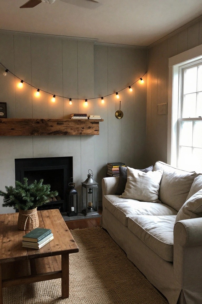 A cozy living room with light gray shiplap walls, wooden mantel over a black fireplace, white sofa, wooden coffee table with books, small potted Christmas tree, lanterns, and warm string lights draped along one wall.