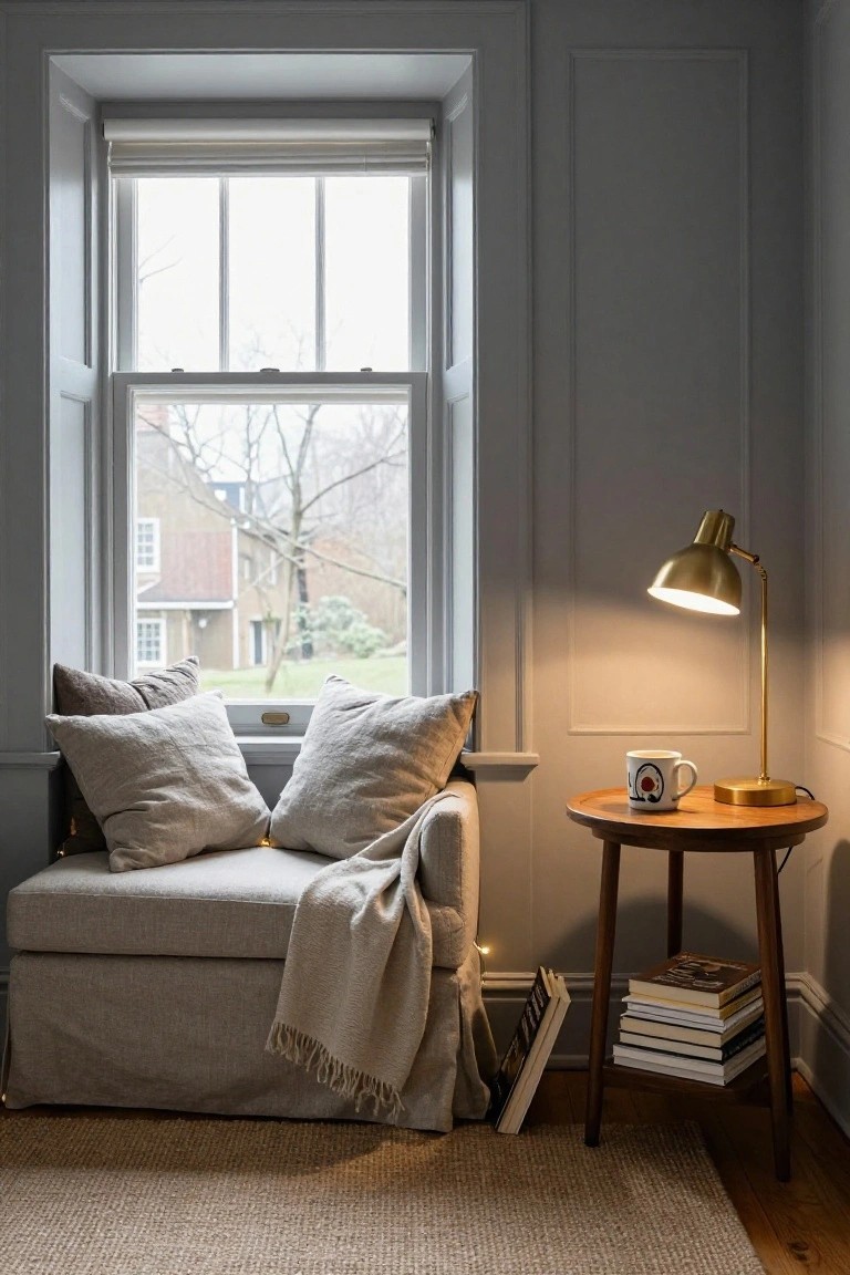 Beige slipcovered armchair with linen pillows and fringed throw blanket in a gray-walled room, string lights draped at the base, beside a large window with winter view, wooden side table with stacked books, white mug, and gold desk lamp on seagrass rug.