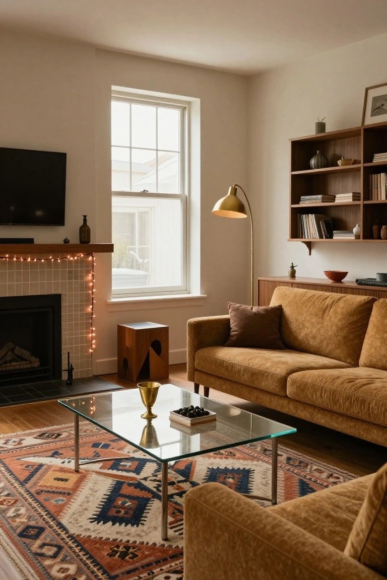 A living room with mustard velvet sofa, glass coffee table on patterned rug, wooden bookshelves, arched floor lamp, and string lights wrapped around a fireplace mantel with tiled surround.