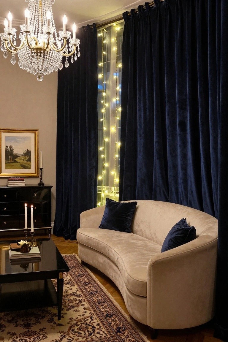 Elegant living room featuring a curved cream sofa, navy velvet curtains on a large window with string lights behind them, crystal chandelier overhead, black dresser with candles, and a painting on a beige wall.