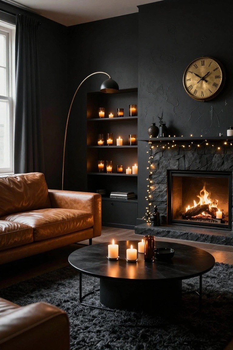 A dark-walled living room with black stone fireplace, string lights draped on the mantel, lit fire inside, leather sofa, black coffee table with candles, shelves with more candles, and an arc floor lamp.