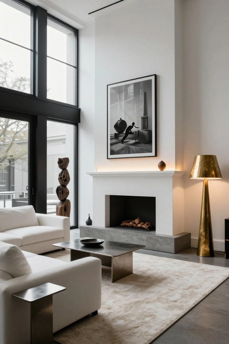 Modern living room with white sofas, metal side tables, concrete coffee table and hearth, white fireplace with logs, wooden sculpture, brass floor lamp, and black-and-white artwork above the mantel.