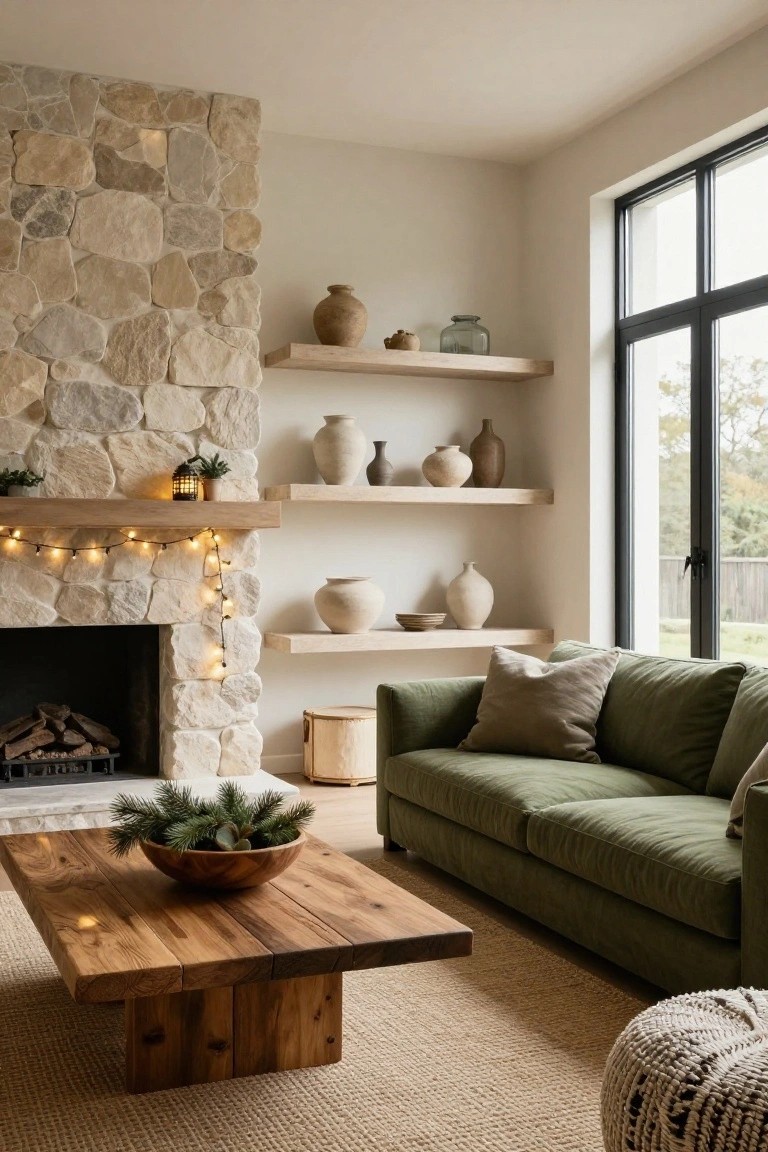 Cozy living room with stone fireplace, green sofa, floating shelves, and wooden coffee table.