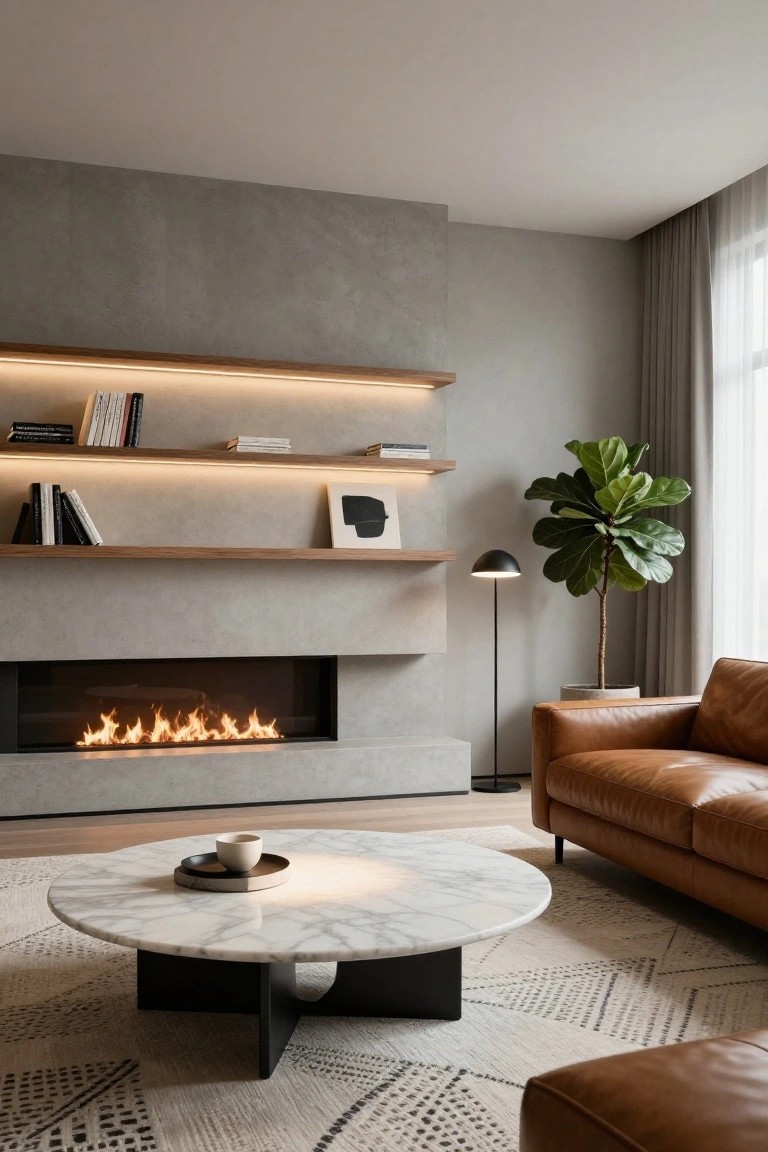 Modern living room with gray concrete accent wall featuring a linear gas fireplace, floating wood shelves with underlighting holding books and art, tan leather sofa, black-based white marble coffee table, beige rug, floor lamp, and large green fiddle leaf fig plant beside sheer-curtained windows.