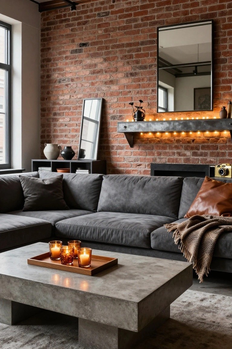 Cozy living room with gray sectional, brick wall, and concrete coffee table.