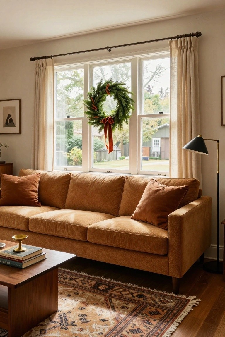 Bedroom interior showing a lit evergreen Christmas wreath hanging from a ribbon on the inside of a tall window with black frame, next to a rattan bed frame, white linens, wooden nightstand with stacked books, lamp, and potted plant.