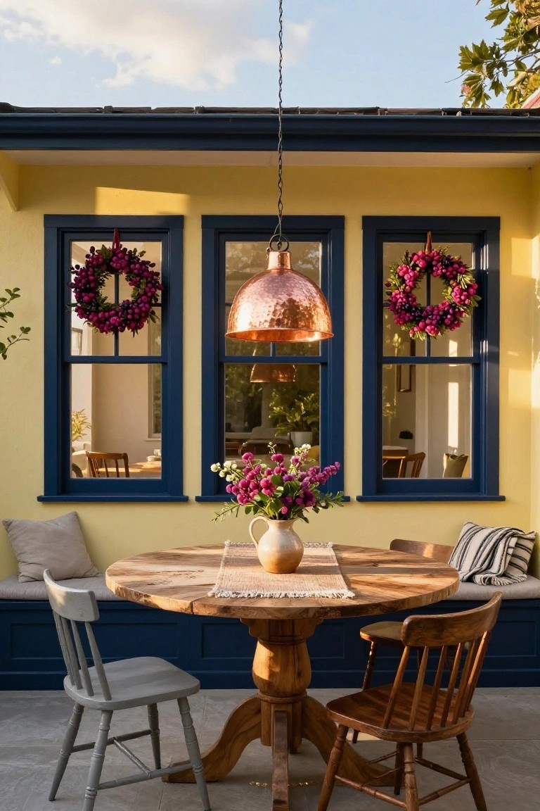 Sunlit bedroom with beige walls, upholstered bed dressed in white linens, brass lamps on nightstands, wooden bench with folded towels at bed foot, built-in shelves, and large evergreen wreath hung on wall next to multi-pane window showing rural view.