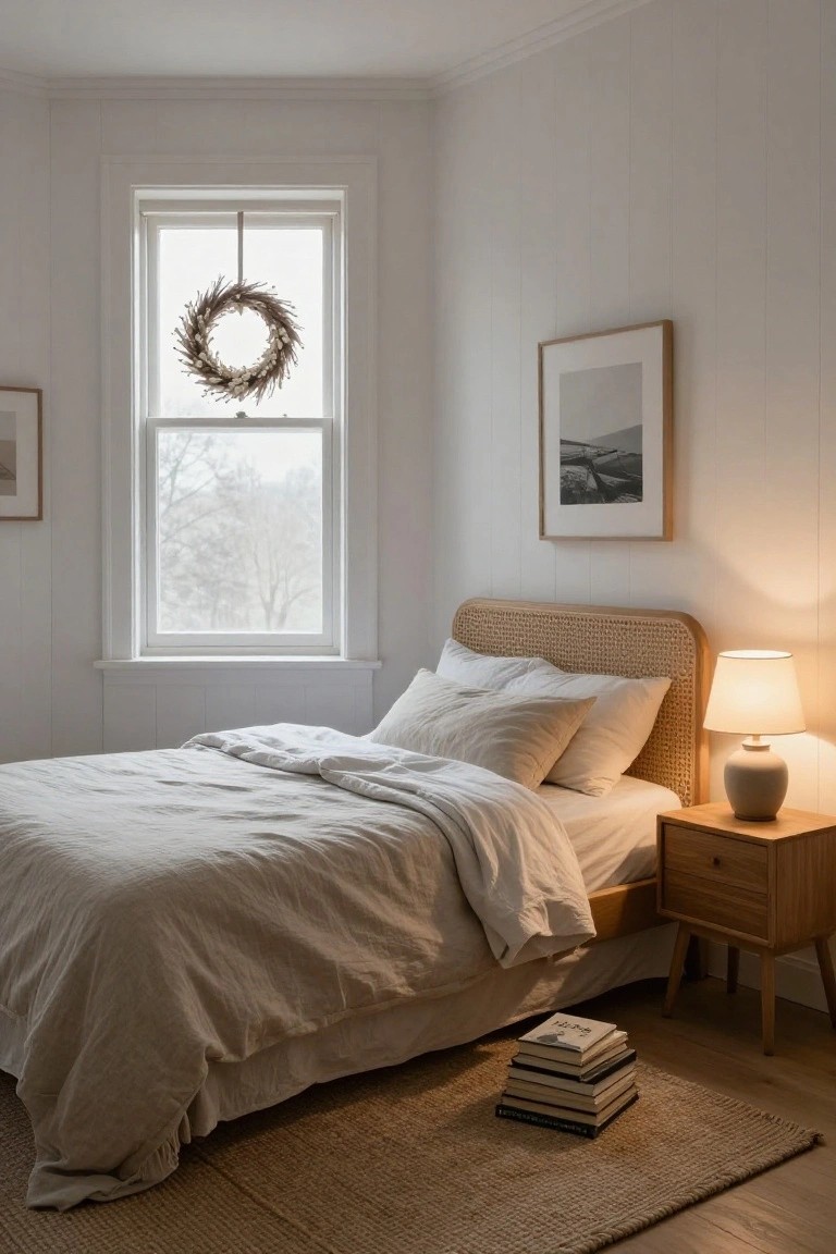 Home office interior with wooden desk, open book, brass desk lamp, leather swivel chair, bookshelves, potted plant, and evergreen Christmas wreath with berries hanging on the inside of a tall arched window draped in dark curtains, overlooking bare trees at dusk.