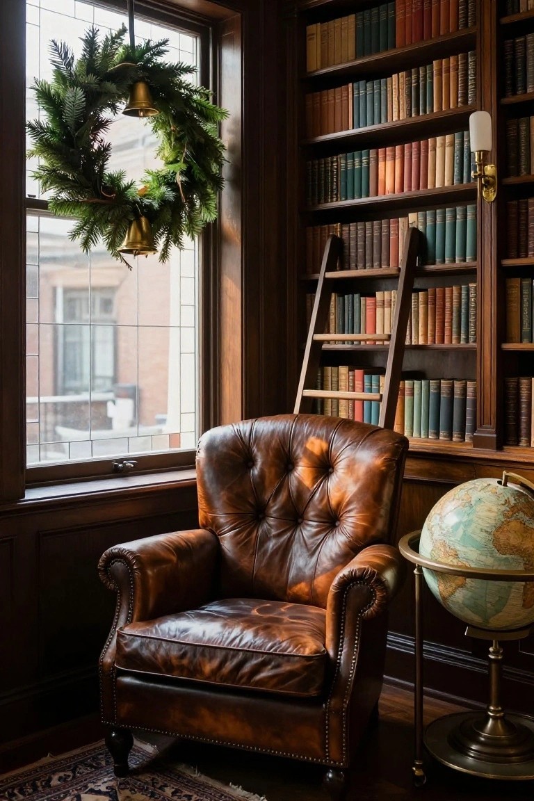 Wood-paneled library corner with tall bookshelves filled with books, tan leather armchair, wood side table holding brass lamp white mug and eyeglasses, and dried lavender wreath on multipane window showing winter trees outside.