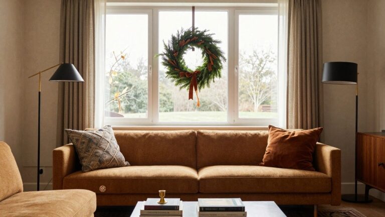 19 Elegant Window Christmas Wreath Ideas That Frame a Magical View Bedroom interior showing a lit evergreen Christmas wreath hanging from a ribbon on the inside of a tall window with black frame, next to a rattan bed frame, white linens, wooden nightstand with stacked books, lamp, and potted plant.