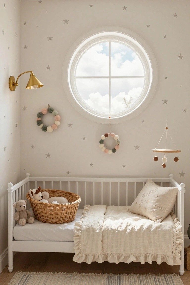 Dining room featuring a round eucalyptus wreath hanging in the center of a large multi-paned window with cream curtains, oval wooden table set with white plates glasses and lit candles, garden visible outside, beige chairs and rug on wood floor.