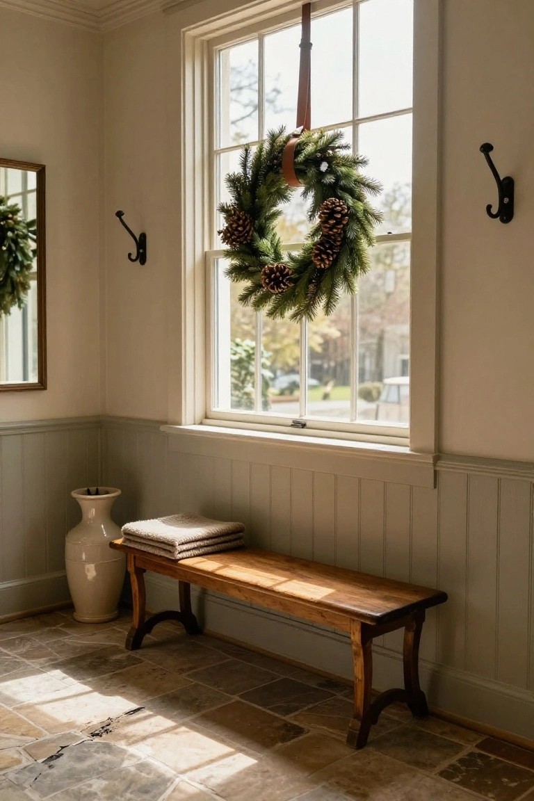 Narrow white paneled hallway featuring a wooden bench with folded cream knit blankets, a lush green magnolia wreath with copper bells on a multi-pane window, a black umbrella propped nearby, a wire basket with shoes on the floor, and a beige rug.