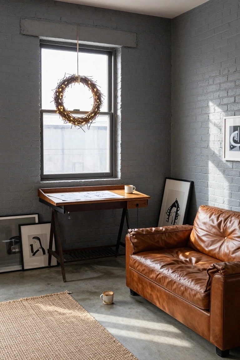 Gray interior alcove with round stained glass window featuring holly Christmas wreath, books on shelf, brass lamp, and two wooden armchairs with cream cushions on seagrass rug.