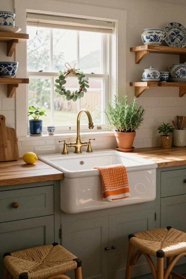 Kitchen with green cabinets, wood countertop, white farmhouse sink, blue and white pottery on wooden shelves flanking a large window with a Christmas wreath of pine and dried oranges hanging on the interior side, overlooking a yard.