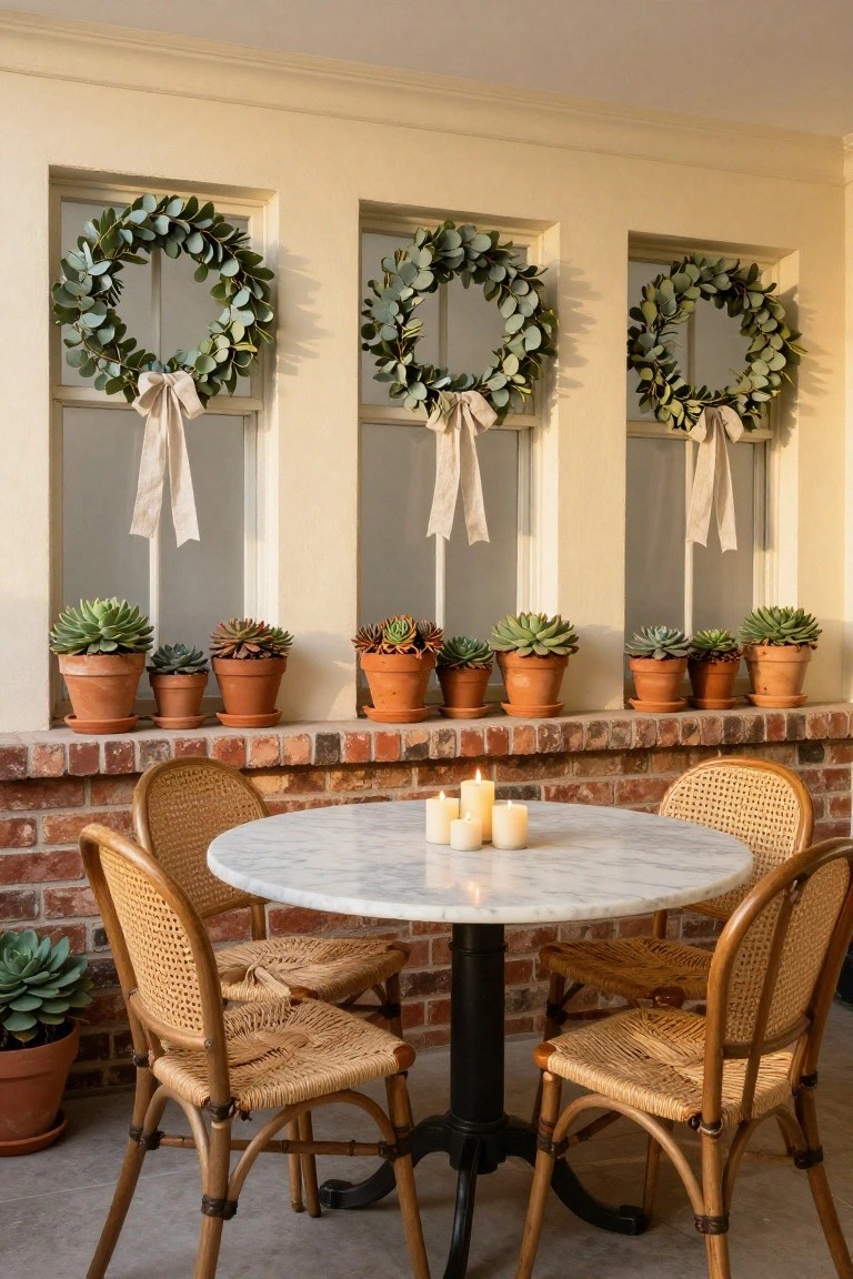 Sunroom corner with two olive leaf wreaths hanging from jute cord in front of large windows overlooking a field, potted plants including cyclamen and rosemary on a blue bench and windowsill, terracotta pots on wooden floor.