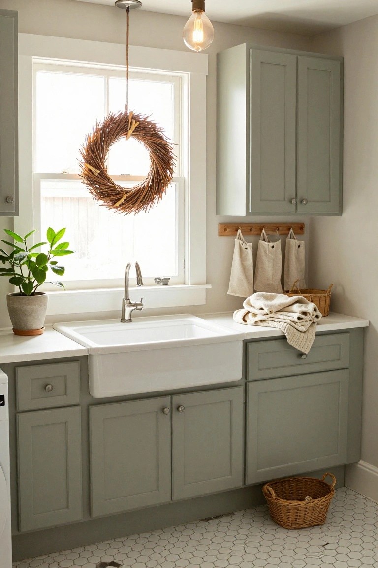 Rustic kitchen with sage cabinets, farmhouse sink, window wreath, and linen bags.