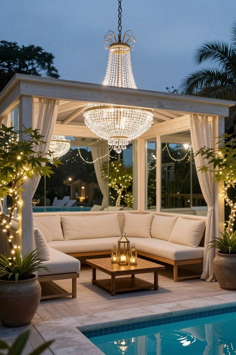 Wooden pavilion beside a pool featuring beige L-shaped sofa, wooden coffee table, lanterns, potted plants, draped white curtains, multiple hanging crystal chandeliers, and string lights on plants at dusk.
