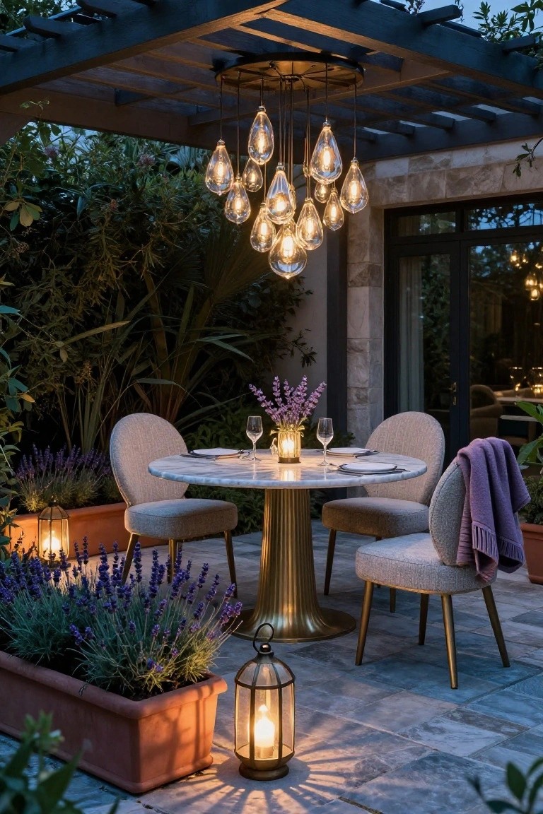 Outdoor dining table under a pergola with multiple hanging teardrop glass pendant lights, upholstered chairs, potted lavender plants, lanterns, and stone patio flooring.