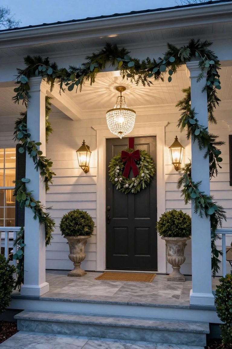 White clapboard house exterior at dusk with covered front porch, black door centered under crystal chandelier, red-ribbon wreath on door, evergreen and eucalyptus garlands on columns, lit wall lanterns, potted topiary shrubs flanking steps.
