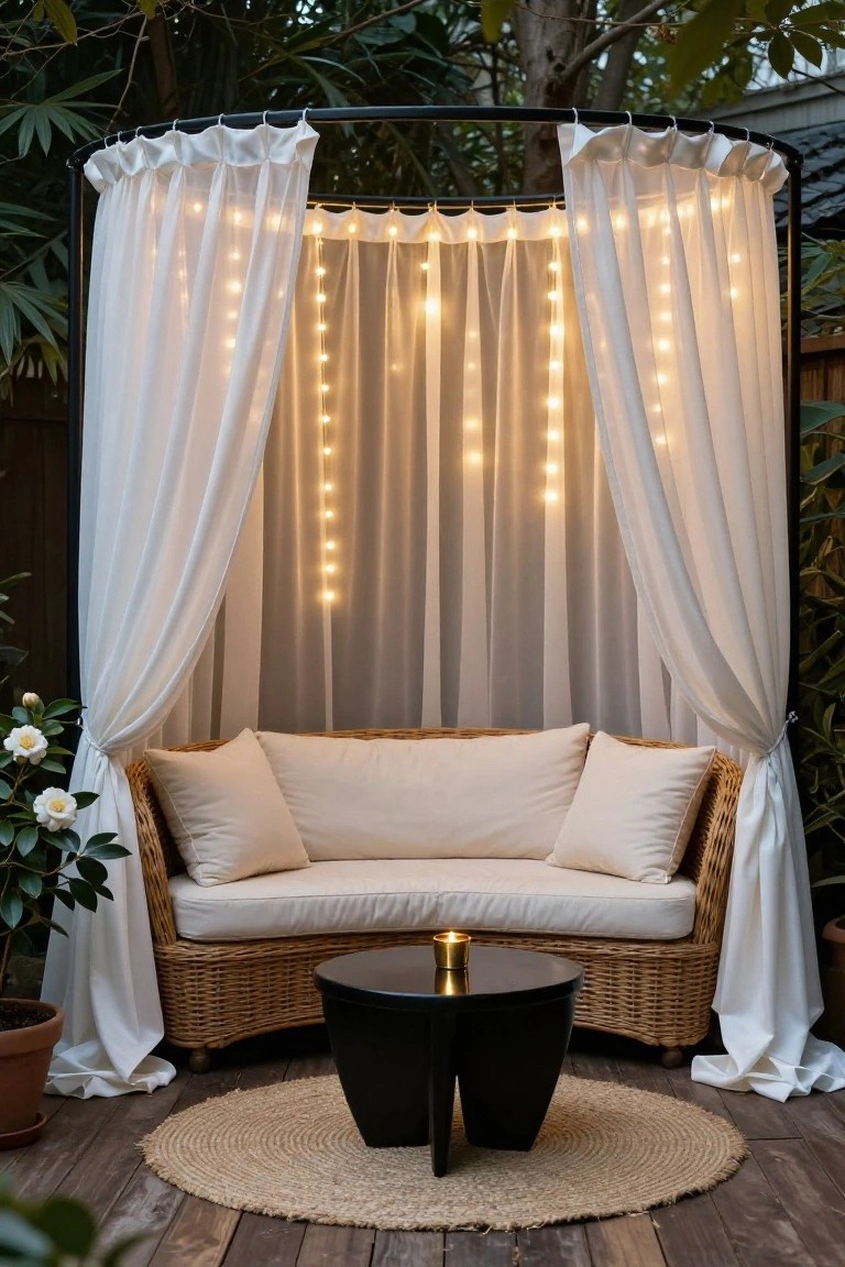 Circular black metal canopy frame on a wooden deck draped with white sheer curtains strung with warm fairy lights, enclosing a beige rattan sofa with pillows, a black round side table holding a candle, a jute rug, and potted plants around the edges.