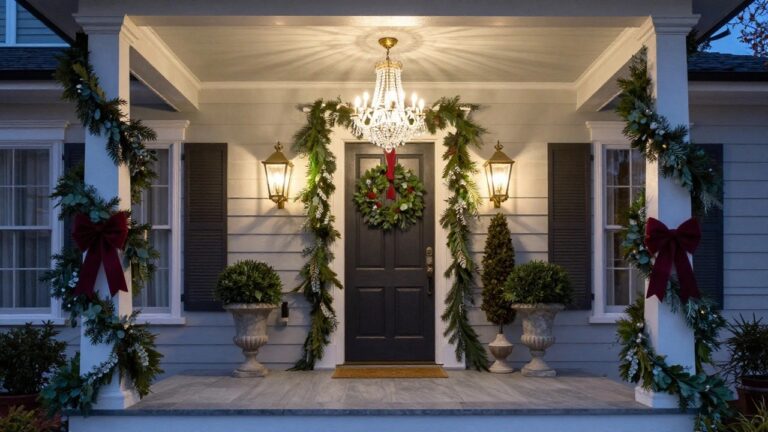 White clapboard house exterior at dusk with covered front porch, black door centered under crystal chandelier, red-ribbon wreath on door, evergreen and eucalyptus garlands on columns, lit wall lanterns, potted topiary shrubs flanking steps.
