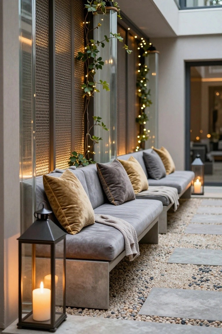 Gray concrete benches with yellow and gray velvet pillows and white throws on a terrace with pebble and concrete paver ground, ivy and string lights on glass-paneled walls, and large metal lanterns with white candles nearby.