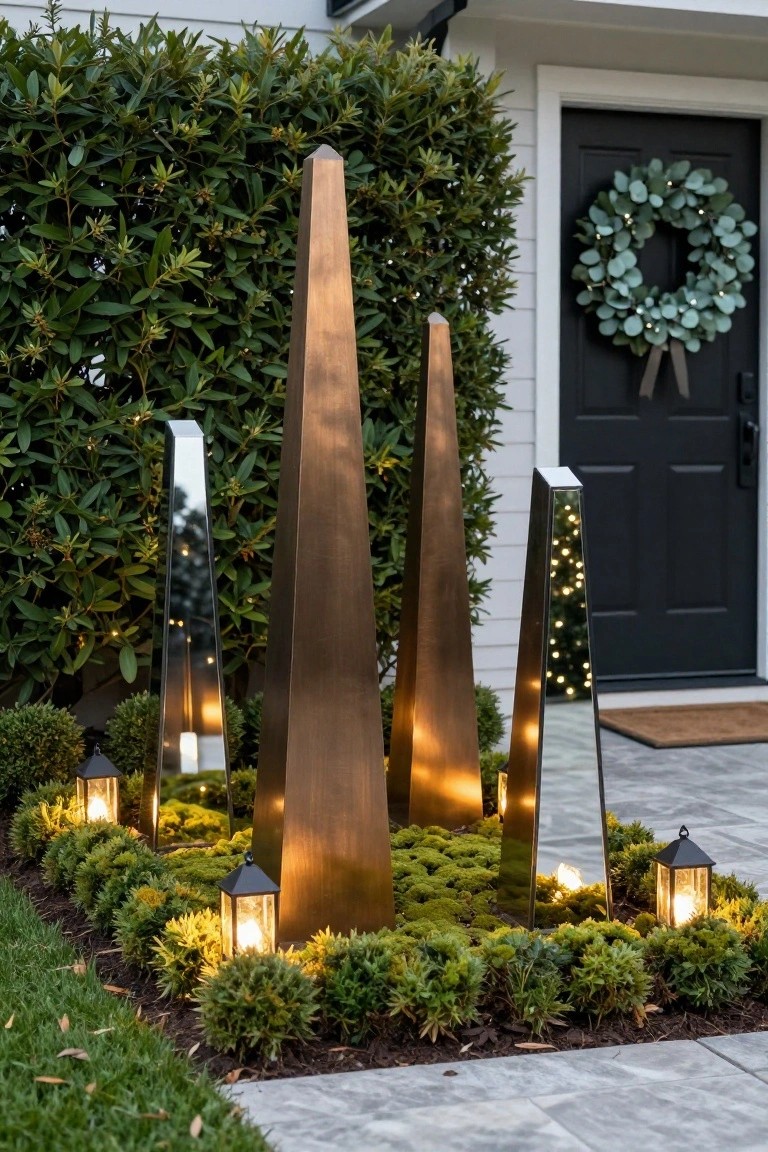 Front entry of a white house with black door and eucalyptus wreath, surrounded by tall bronze and mirrored obelisks embedded with fairy lights in a landscaped bed of moss, boxwood shrubs, and lanterns on a slate path.