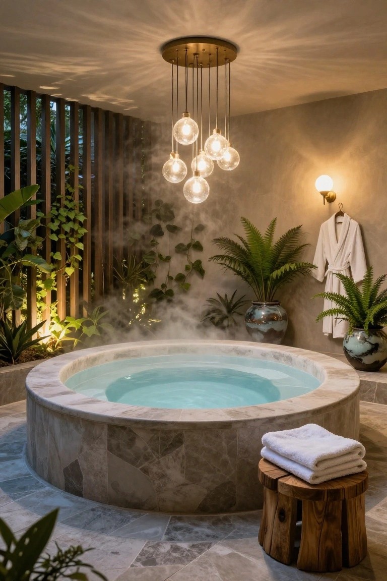 Round indoor hot tub with steaming turquoise water, surrounded by tropical plants in ceramic pots, wooden slat screens, hanging cluster of lit globe pendant lights overhead, white robes on a hook, towels on a wooden stool, stone tiled floor.