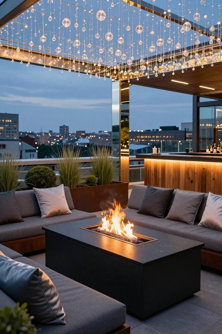 Rooftop terrace at dusk with gray modular sofas around a rectangular black fire table, wooden bar counter, potted grasses and shrubs, and strings of clear glass orb lights hanging from a metal pergola frame, city skyline in background.