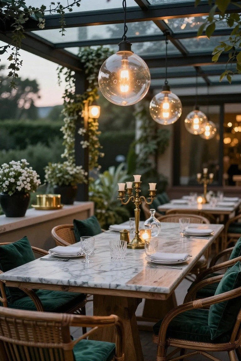 Covered outdoor terrace dining area with long marble-topped wooden table, rattan chairs in green cushions, multiple large hanging glass globe pendant lights, gold candelabras, glassware, plants, and greenery.
