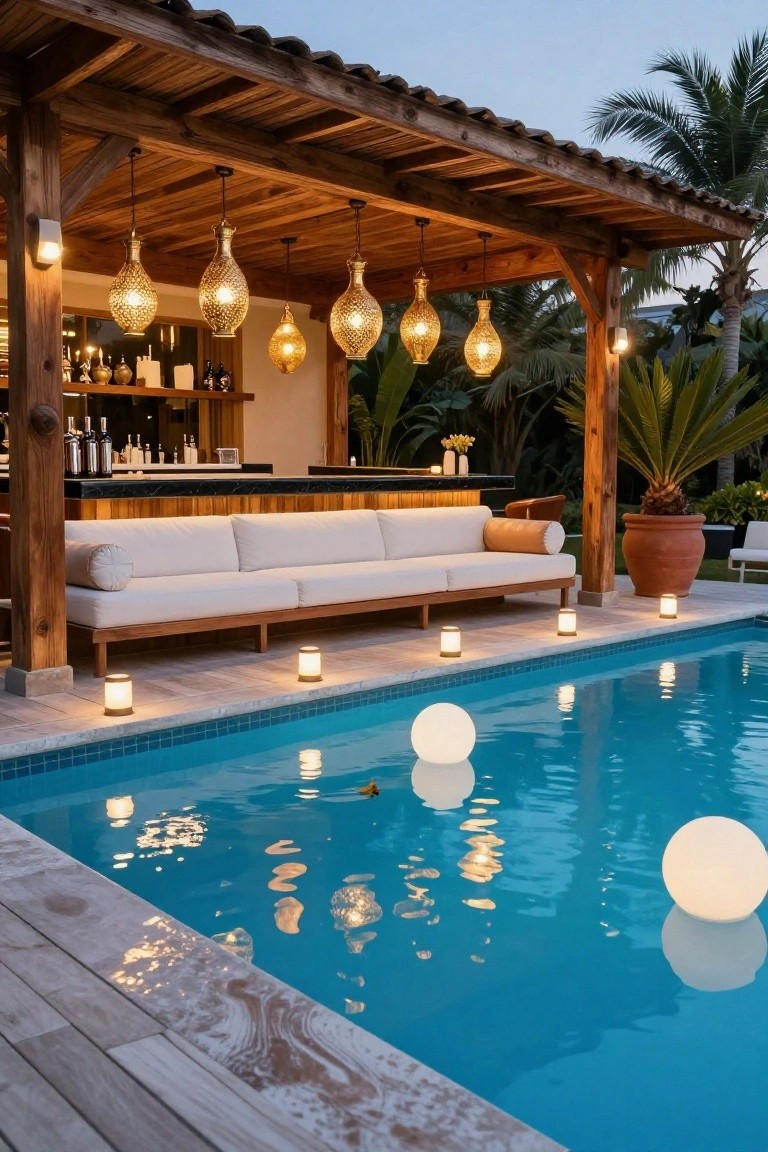 Wooden pergola with hanging brass lanterns over a bar and white sofa seating next to a blue swimming pool containing floating white spheres at dusk.