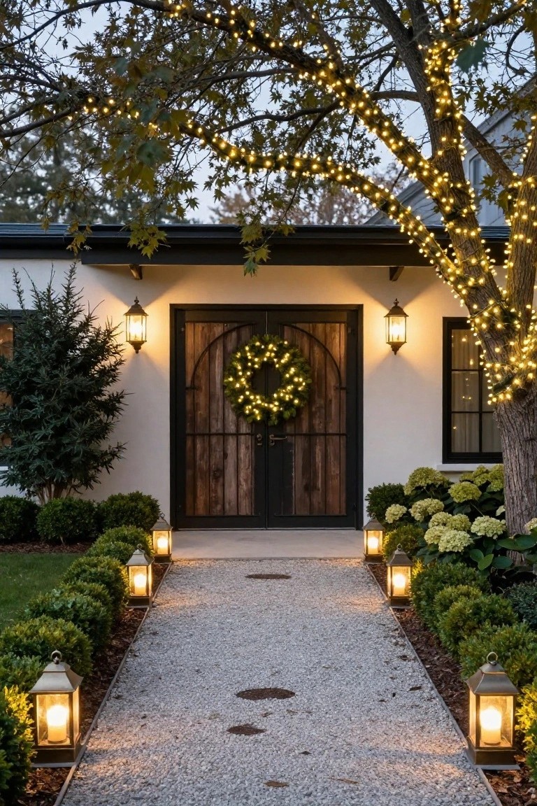 House exterior at dusk with arched wooden front door and lit evergreen wreath, gravel pathway lined with boxwood shrubs and glowing metal lanterns, oak tree wrapped in string lights, hydrangea plantings, and wall sconces.