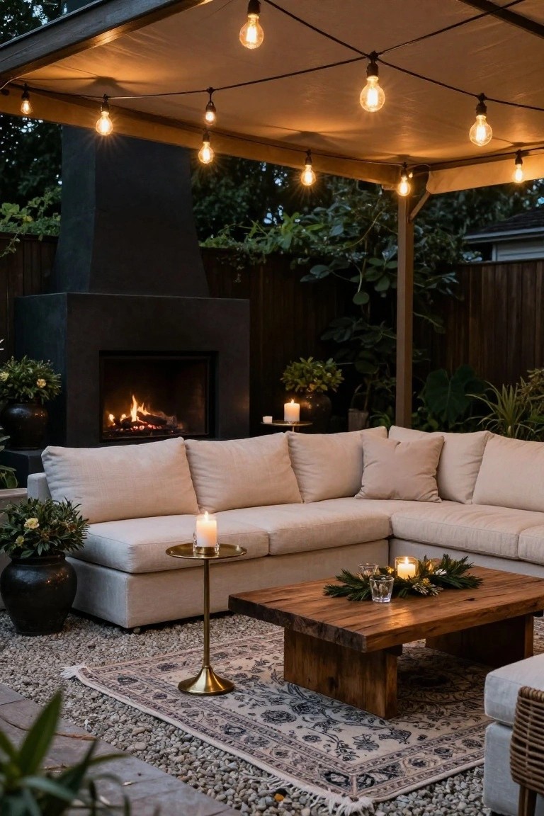 Outdoor lounge area under beige fabric-covered pergola strung with glowing Edison bulb lights, featuring beige L-shaped sofa, wood coffee table with greenery and candles, black stone fireplace with fire, plants in pots, and patterned rug on gravel patio.