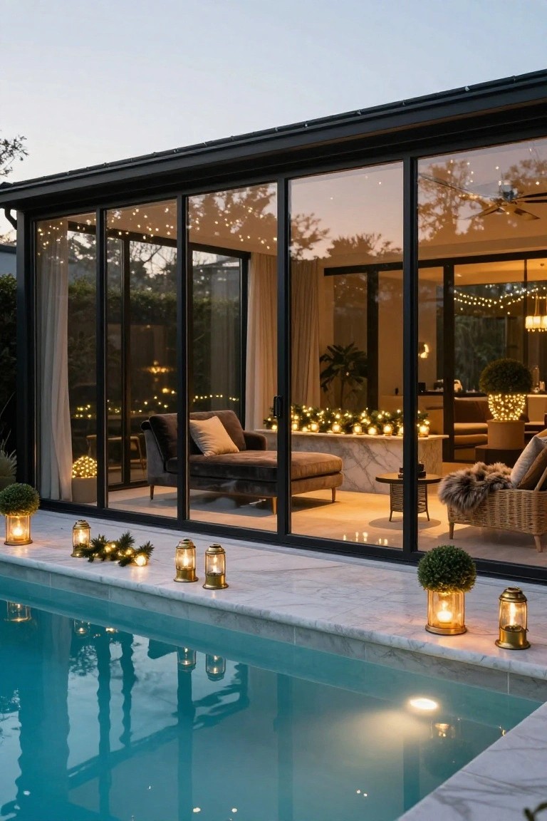 Modern glass-walled living area with indoor furniture opens to marble poolside terrace featuring velvet seating, potted plants, Christmas string lights, garlands, and gold lanterns along the pool edge at dusk.