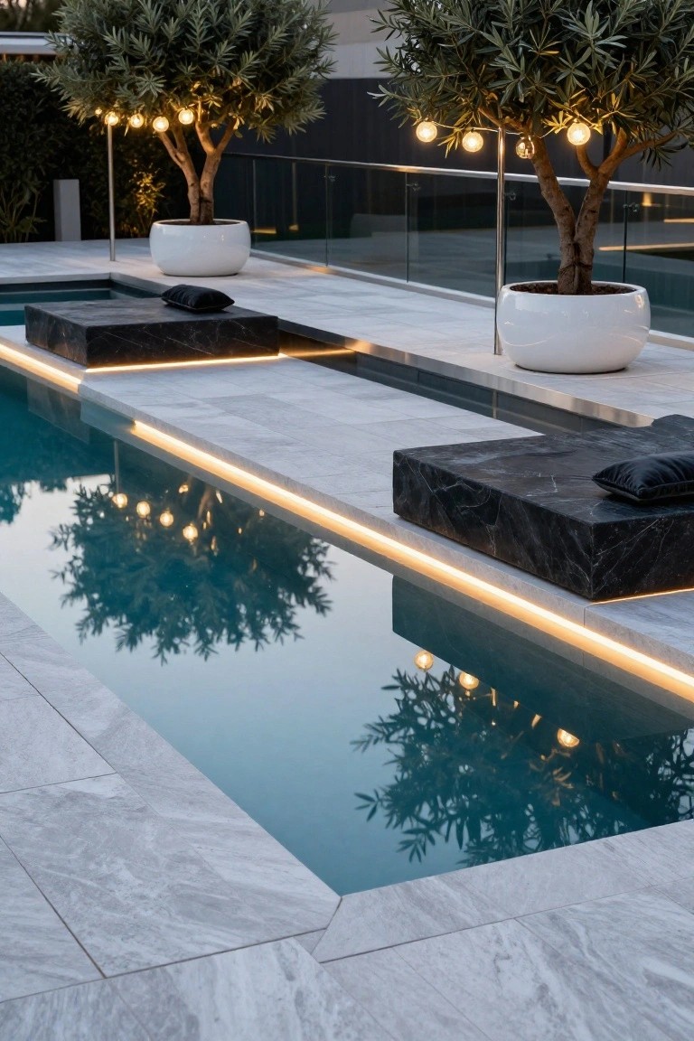 Luxurious poolside with marble deck, glowing lights, potted trees, and dark loungers.