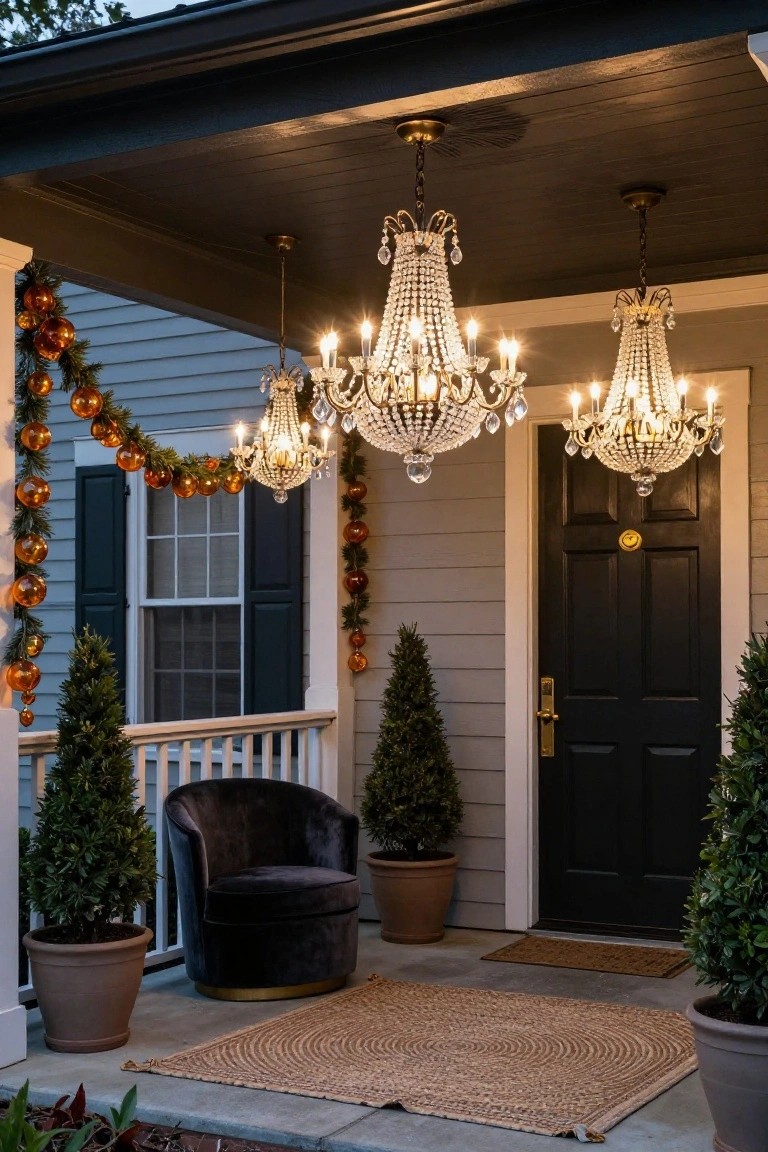 Covered front porch featuring three lit crystal chandeliers hanging from the ceiling, orange garland decorations, potted evergreen trees, a round velvet chair, woven rug, and black door with brass hardware.